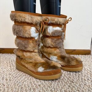 Vintage Northlanders Faux Fur Snow Boots Brown Patchwork Calico Mid-Calf Size 8